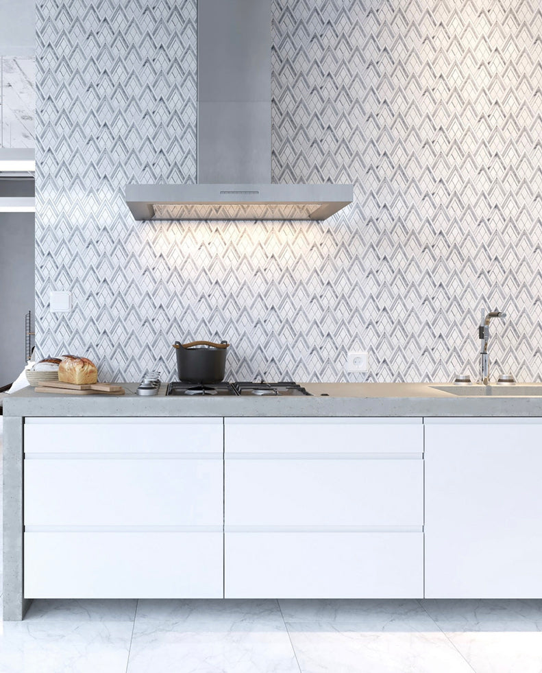 Industrial Kitchen Decor with a Peaked Marble Tile Design