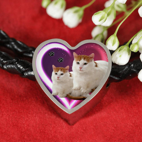 Turkish Van Cat Print Heart Charm Leather Woven Bracelet-Free Shipping