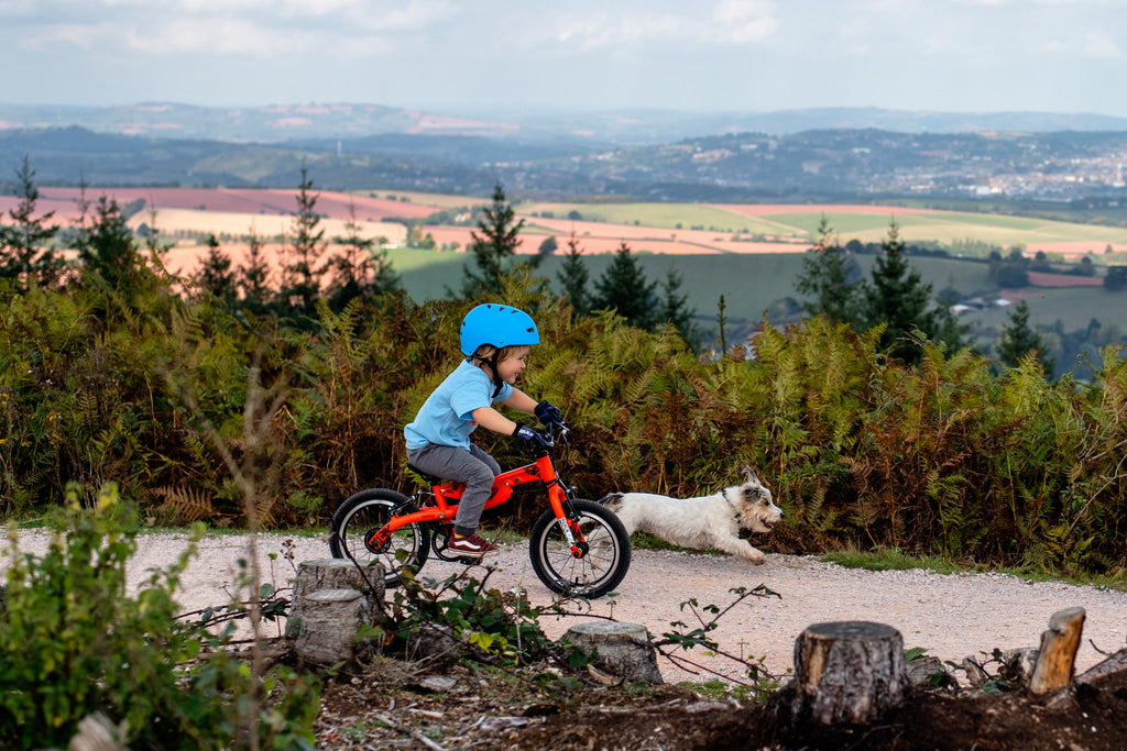 Boy riding trail with his dog