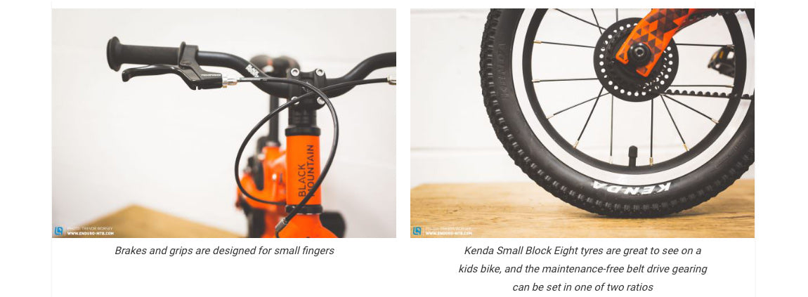 Lightweight kids bike with brakes and grips designed for small fingers