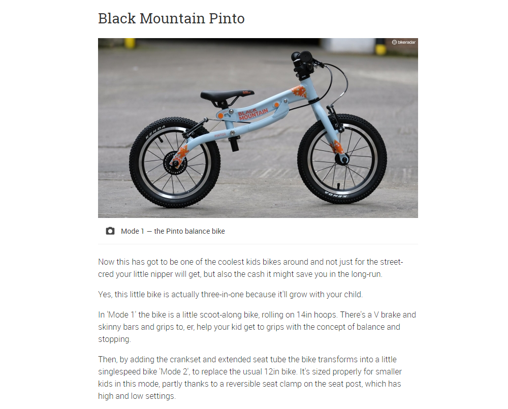 Image of Black Mountain PINTO in balance bike mode and text