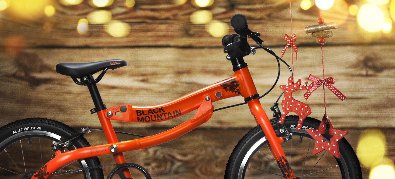 Bike in lodge with Christmas decorations