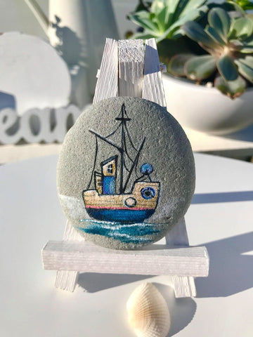 painted rock boat coastal art Christine Onward rustic beach decoration Old Bar Australia