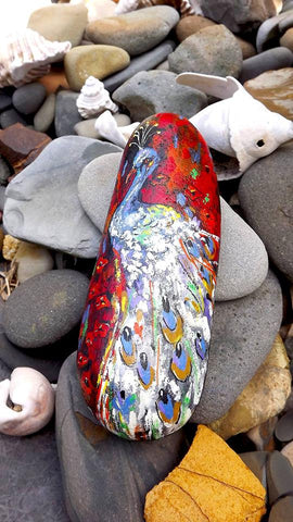 peacock painted rock paperweight red poppies interior decoration