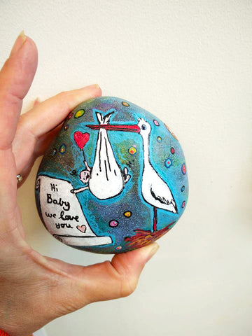 stork bird panted rock baby gift decoration fun art blog Christine Onward blue