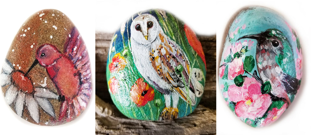 painted rocks birds owl hummingbird art naive Pamela Campbell 