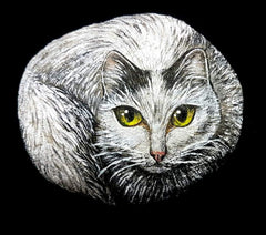 cat hand painted rock by Tunde Fodor of RockStreet Collective 