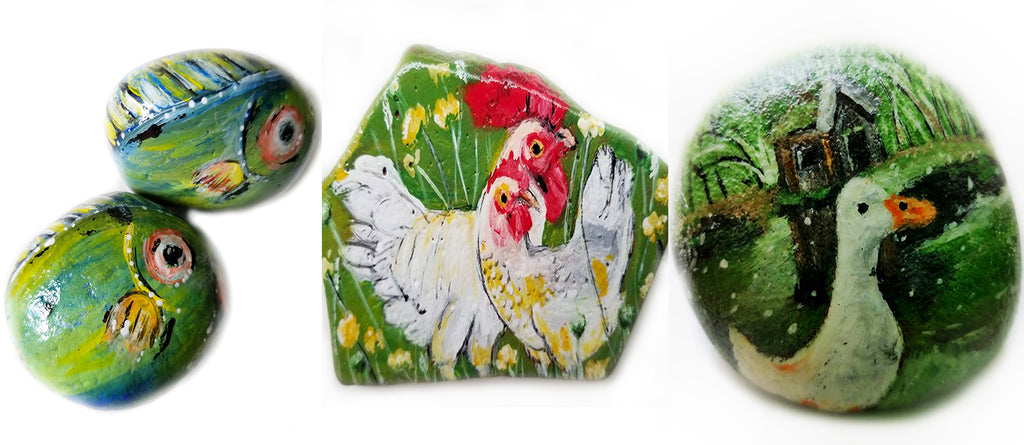 painted rocks fish chickens duck Pamela Campbell happy home decorations