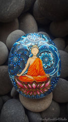 painted rock blue dot art happy meditation buddha decoration lisa orlans
