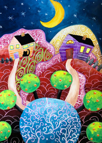 gouache painting surreal night stars art painted by Christine Onward