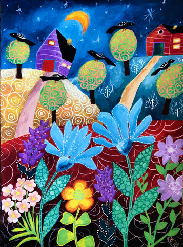 gouache painting surreal home decoration night black birds art by Christine Onward