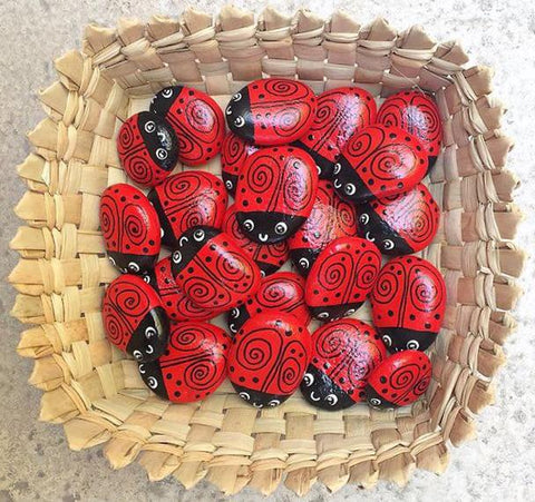 ladybirds painted rocks red garden decorations basket happy decor