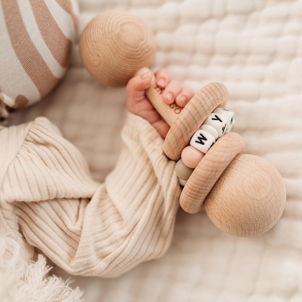 personalised wooden baby rattle