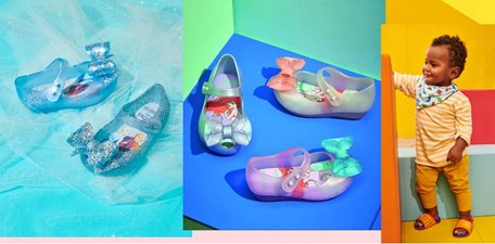 Melissa continues to crossover with Disney characters for kids’ flats and flip flops, such as Frozen, Little Mermaid and Toy Story.