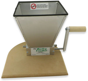 Barley Crusher grain mill with 7 pound hopper, base, crank handle, and lifetime warranty