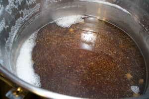 After the boil is complete, the wort looks like egg drop soup. A good vigorous boil and Whirlfloc helps coagulate proteins.