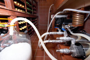 Wort being chilled and racked (transferred) into a glass carboy