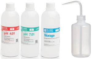 4.00 pH solution, 7.00 pH solution, storage solution, laboratory wash bottle