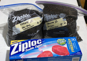 Specialty grain is first placed in Ziploc double zipper gallon storage bags