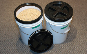 6 gallon 12 inch diameter food grade buckets with Gamma Seal lids are used to keep grain fresh