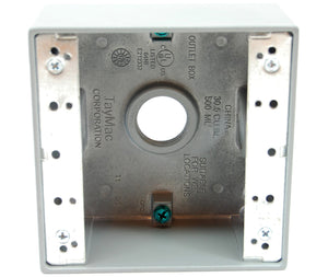 Weatherproof 2-gang outlet box with at least one 3/4 inch NPT female access hole