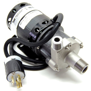 Pump with high temperature stainless steel housing, 3/4 inch NPT male center inlet, 1/2 inch NPT male outlet, 230VAC