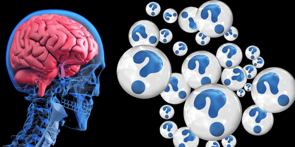 A scientific image of a human brain and question marks symbolizing the connection between cold sores and Alzheimer's disease.