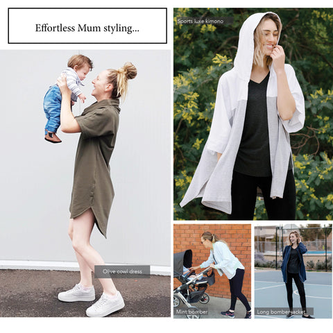 mum fashion, mum holding up a baby wearing olive pullover dress. Other image sports luxe kimono in white and grey