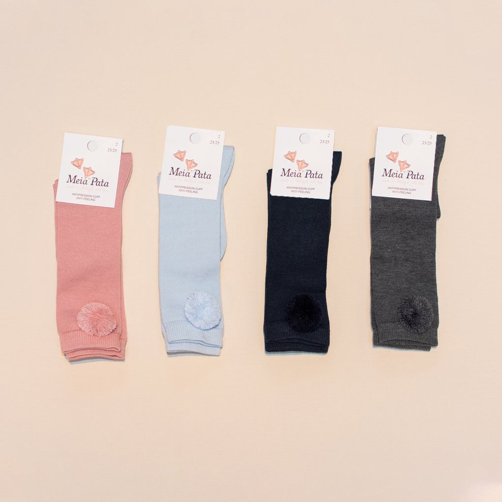 Meia Pata Grey Rib Knit Socks with Pom Pom Detail