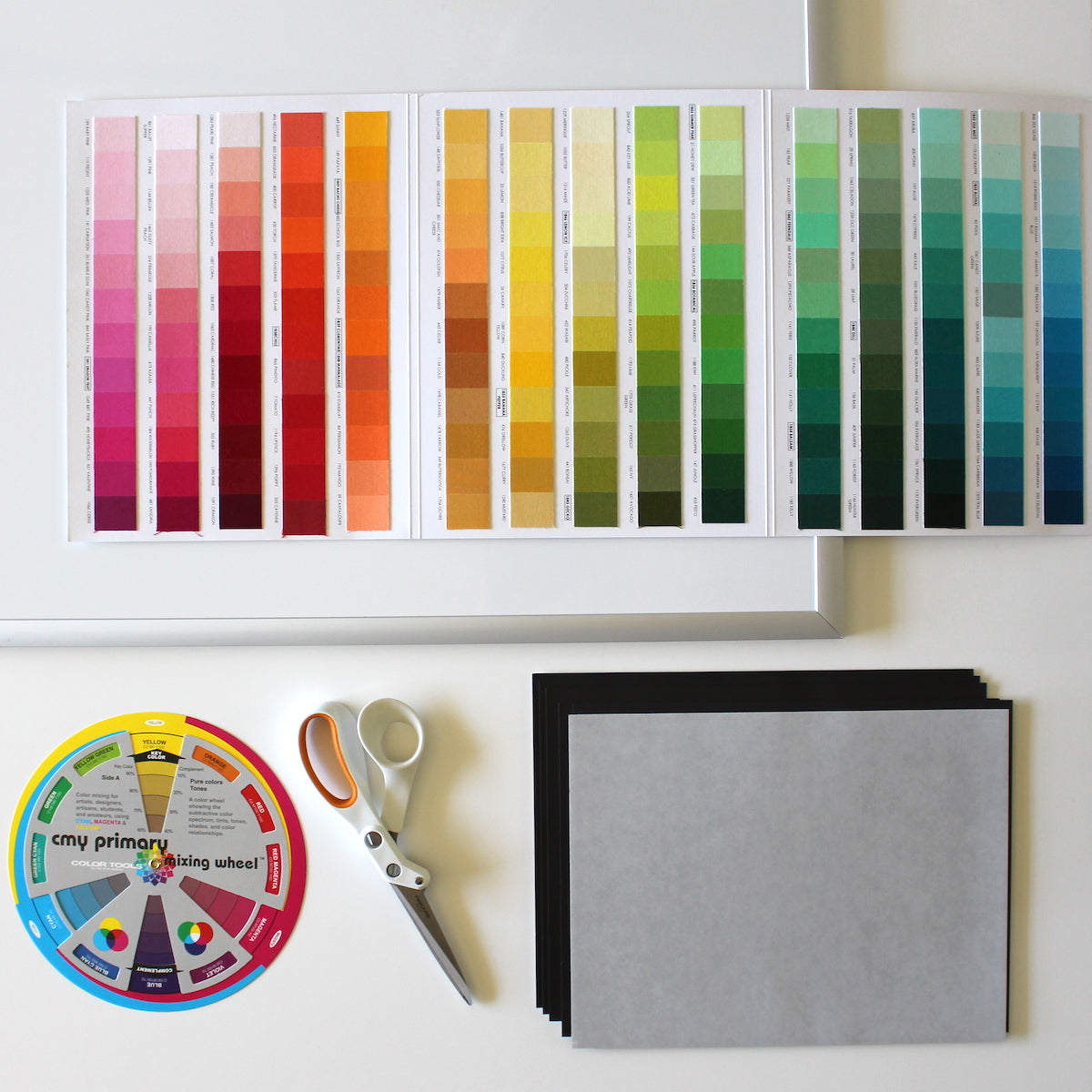 Kona Cotton color card and supplies to make fabric swatch magnets