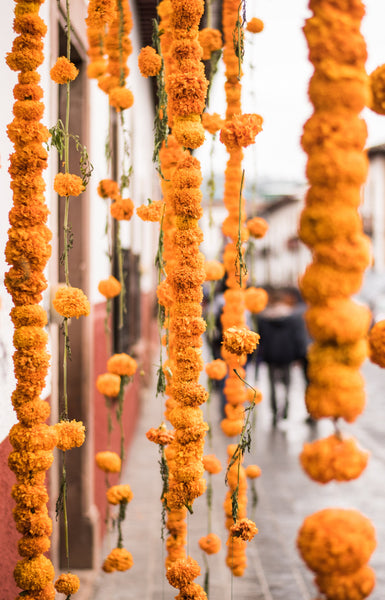 Strung marigold flowers