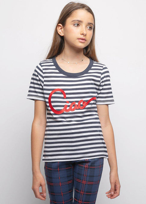 Girls Navy & White Stripe Holiday T-shirt-Sislyn stewart