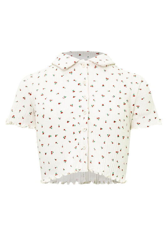 Girls Cream Floral Ribbed Button Down Polo