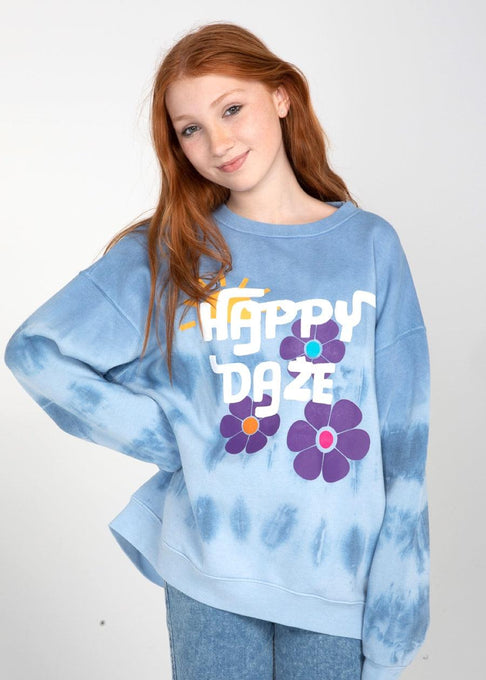 Girls Blue Tie-Dye Printed Happy Daze Sweatshirt