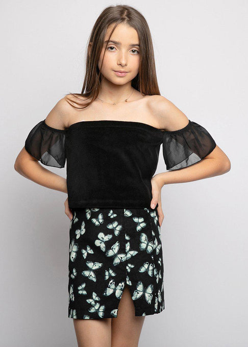 Girls Butterfly All Over Print Corduroy Slit Skirt-Sislyn stewart