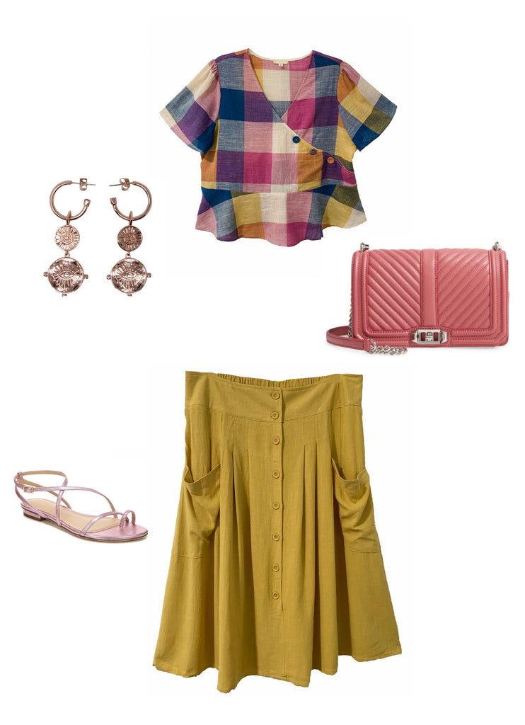 Outfit Flay lay with Gaia top, Claire skirt, Evil eye earrings and pink bag