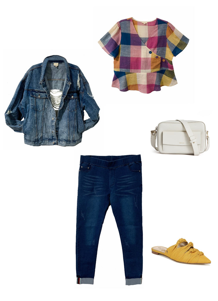 Outfit Flay Lay with Jesse denim jacket, Gaia top and Stella jeans