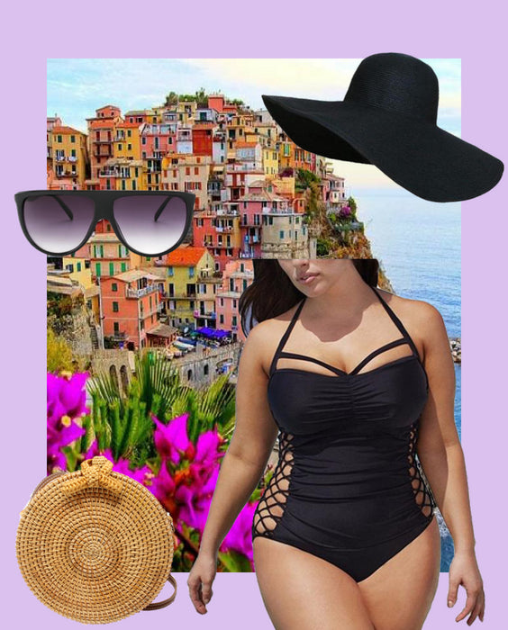 Vacation layout showing Siren bathing suit, Bali bag, Barcelona sunglasses, and Lana hat