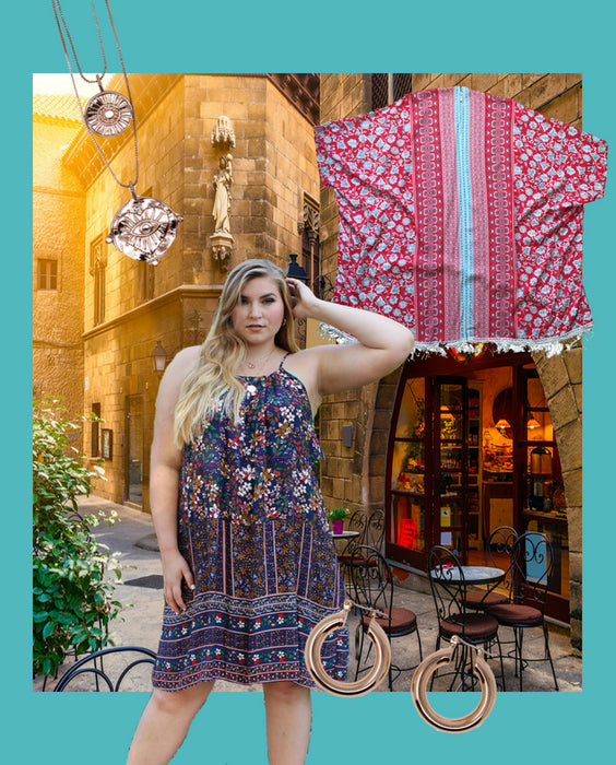 Vacation layout with Willow dress, Evil eye necklace, Lily kimono and Baby Amalfi earrings