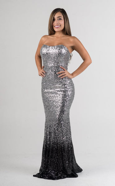 strapless silver gown