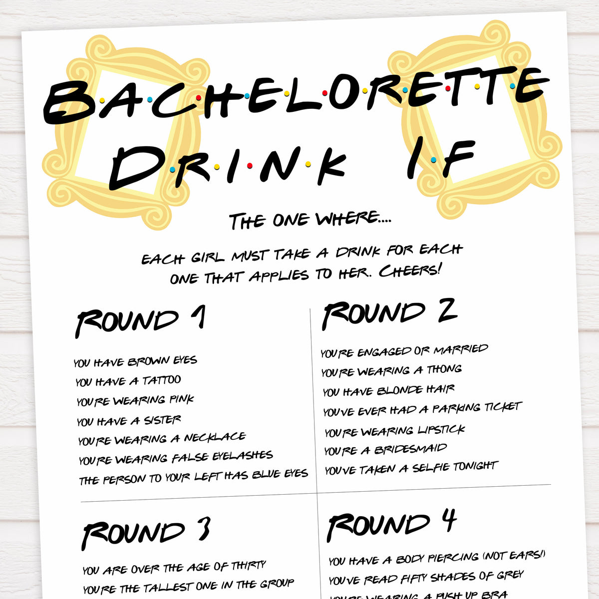 Bachelorette drink if game printable