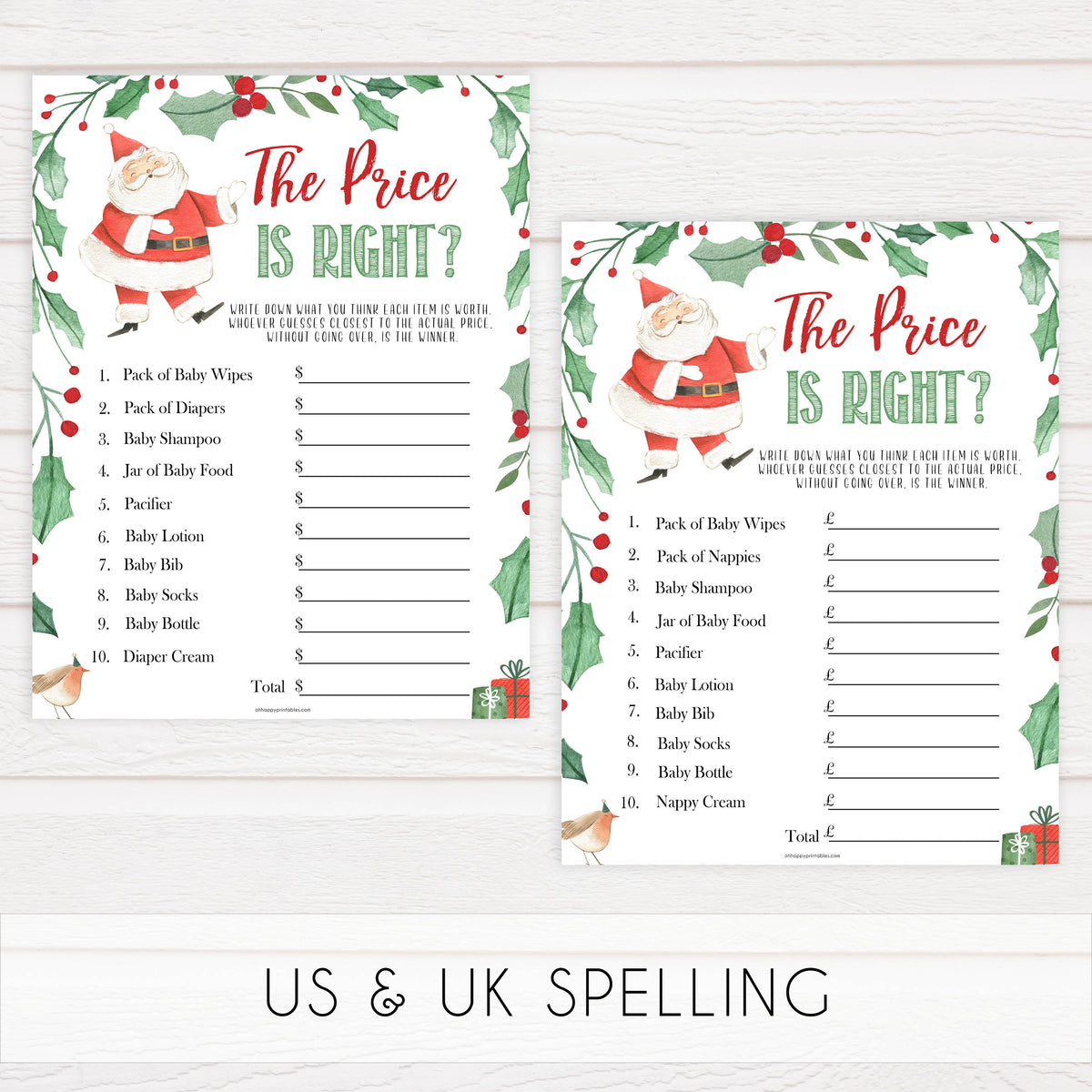 The Price is Right Game Christmas Printable Baby Shower Games