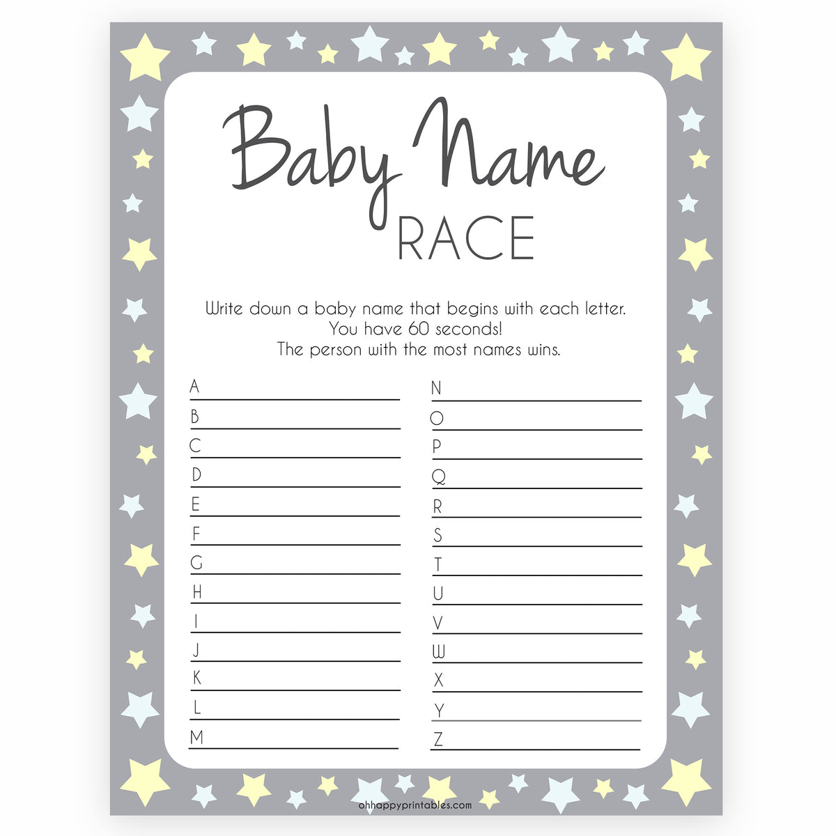 Baby Name Race Game Printable Grey Yellow Stars Baby Shower Games 