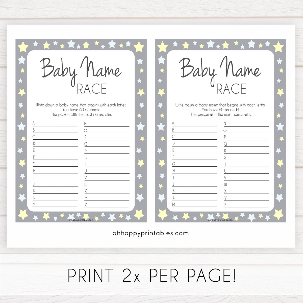 Baby Name Race Game Printable Grey & Yellow Stars Baby Shower Games