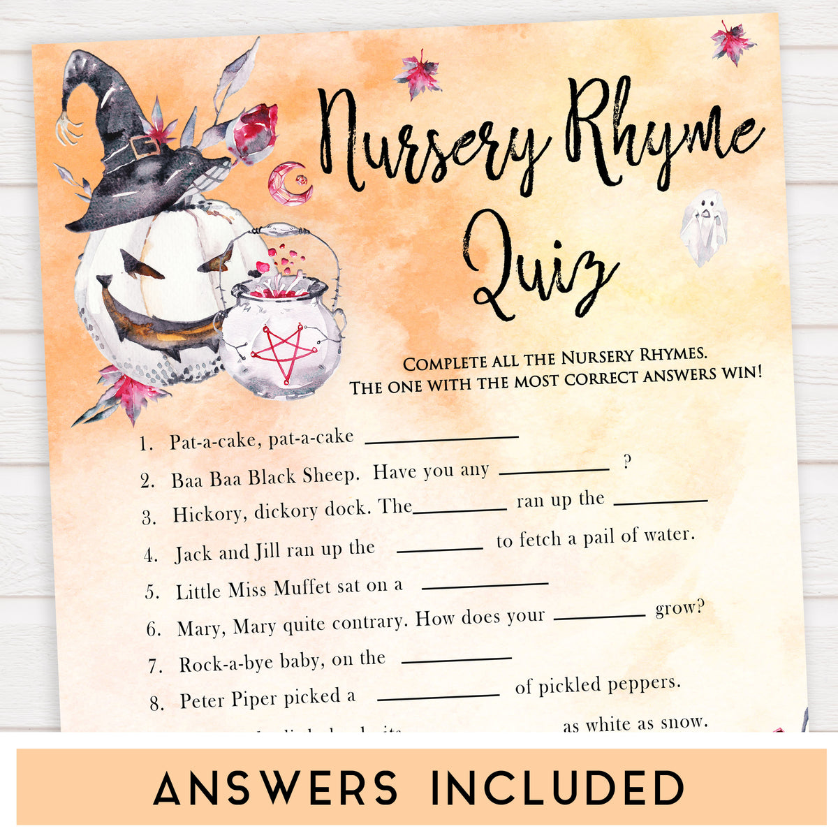 Nursery Rhyme Quiz Game Halloween Pumpkin Printable Baby