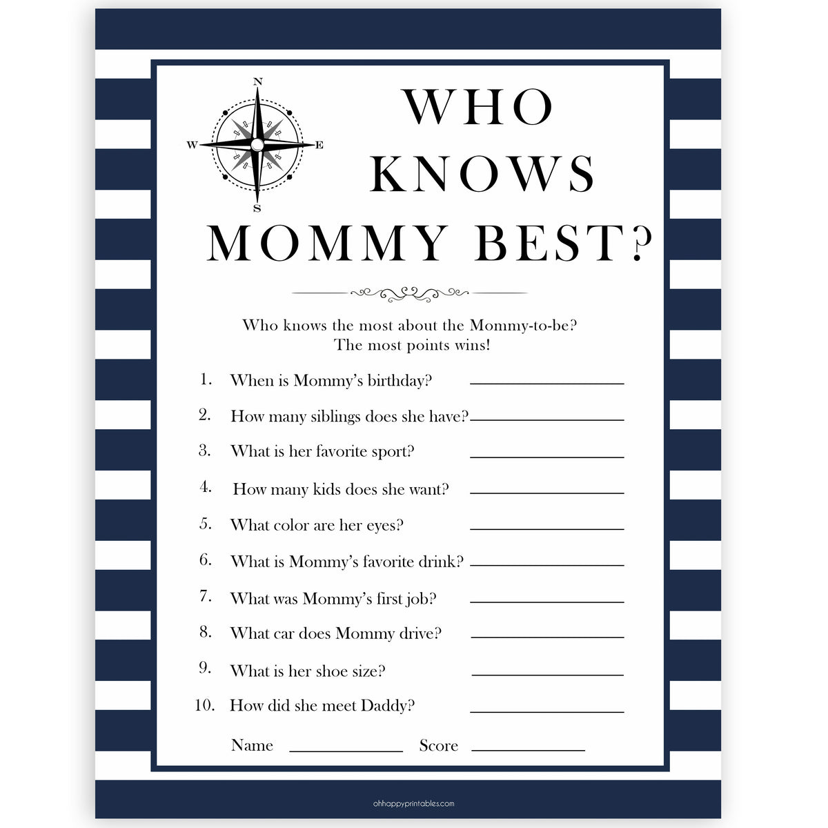 Who Knows Mommy Best Game Nautical Printable Baby Shower Games