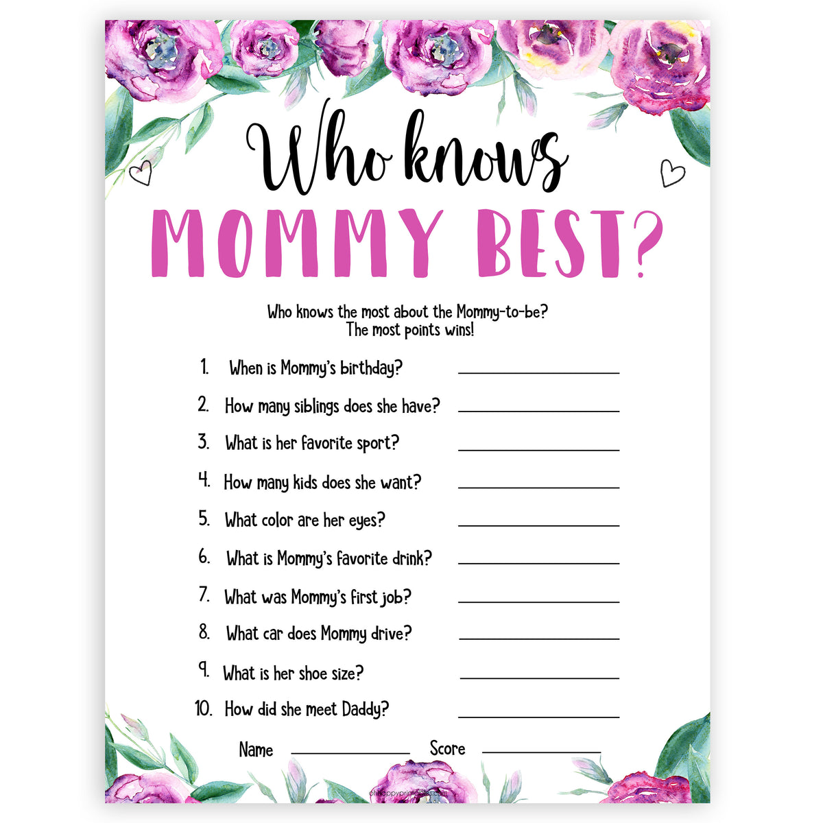 Who Knows Mommy Best Game Purple Peonies Printable Baby Shower Games