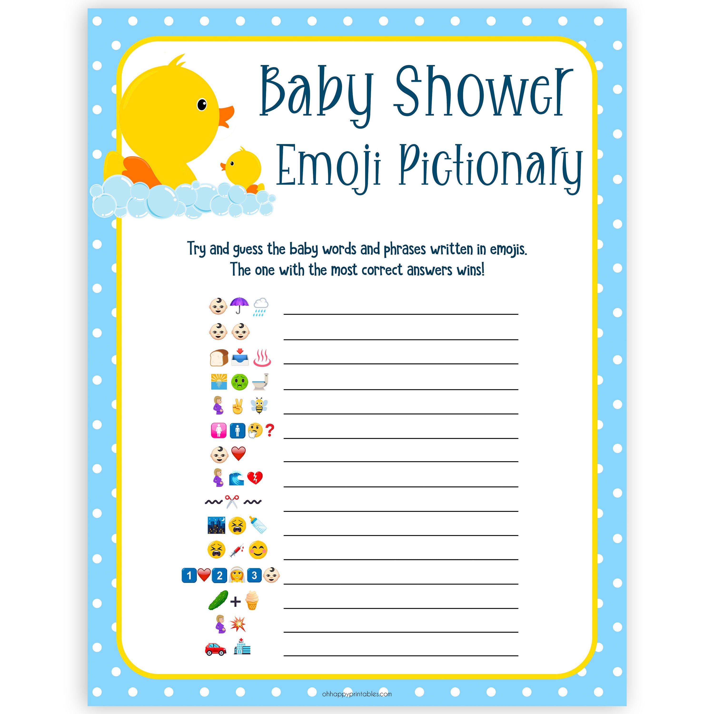 Baby Emoji Pictionary Printable Rubber Ducky Baby Shower Games