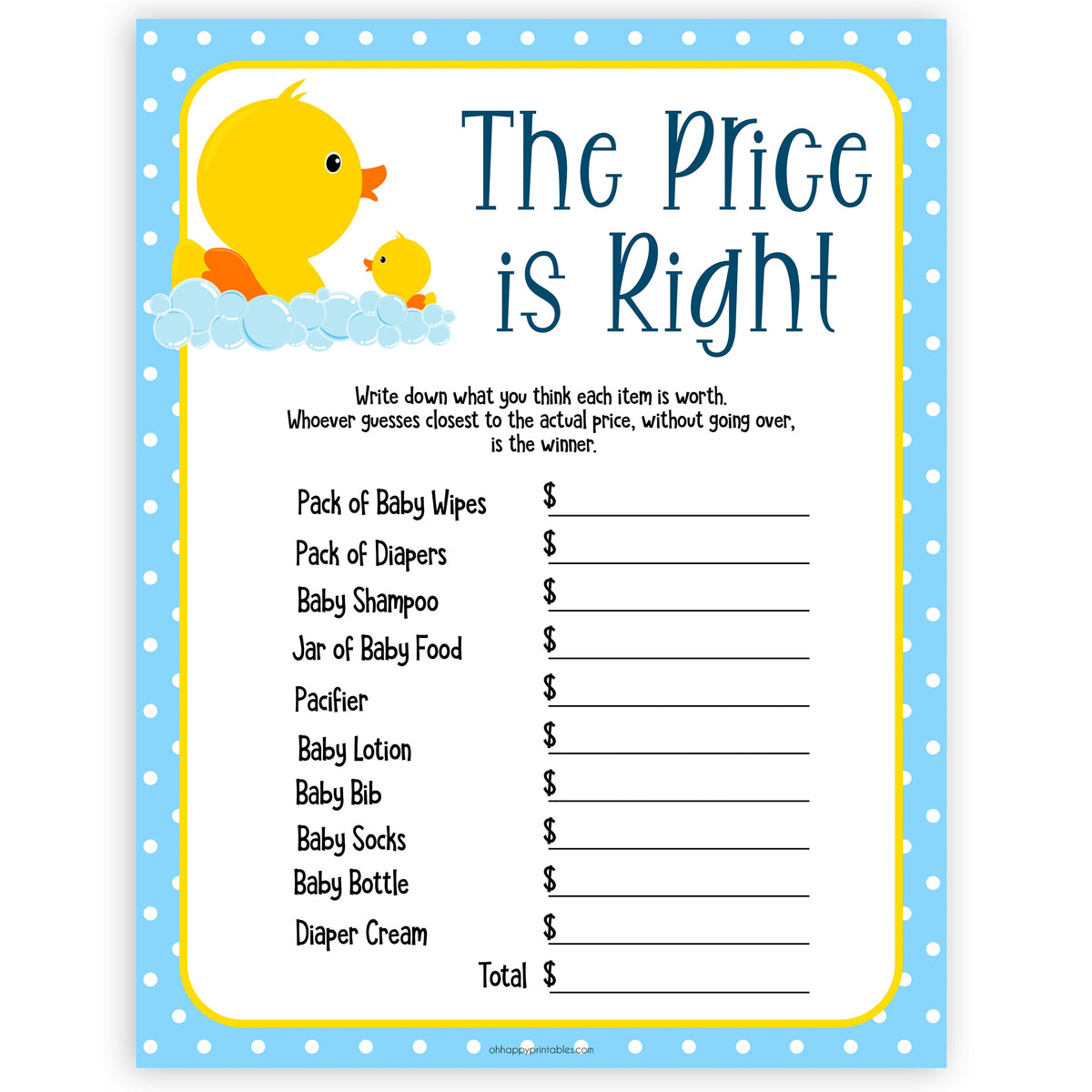 The Price is Right Game Rubber Ducky Printable Baby Shower Games