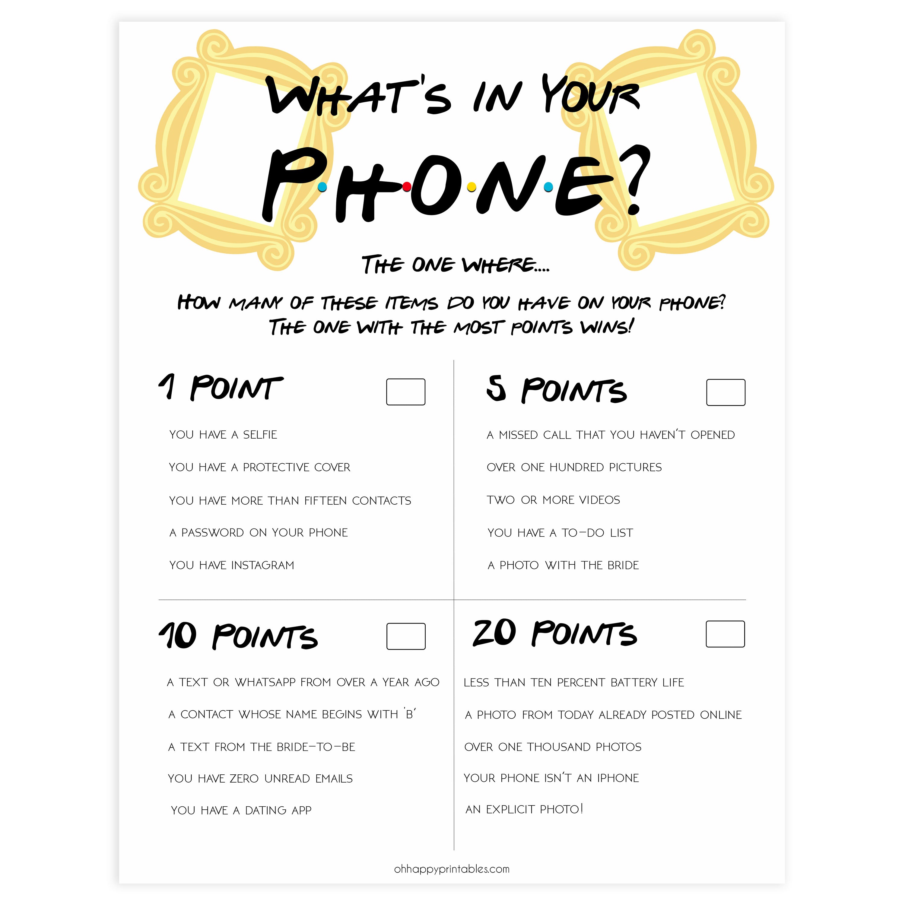 What's on Your Phone Game Friends Printable Bridal Shower Games